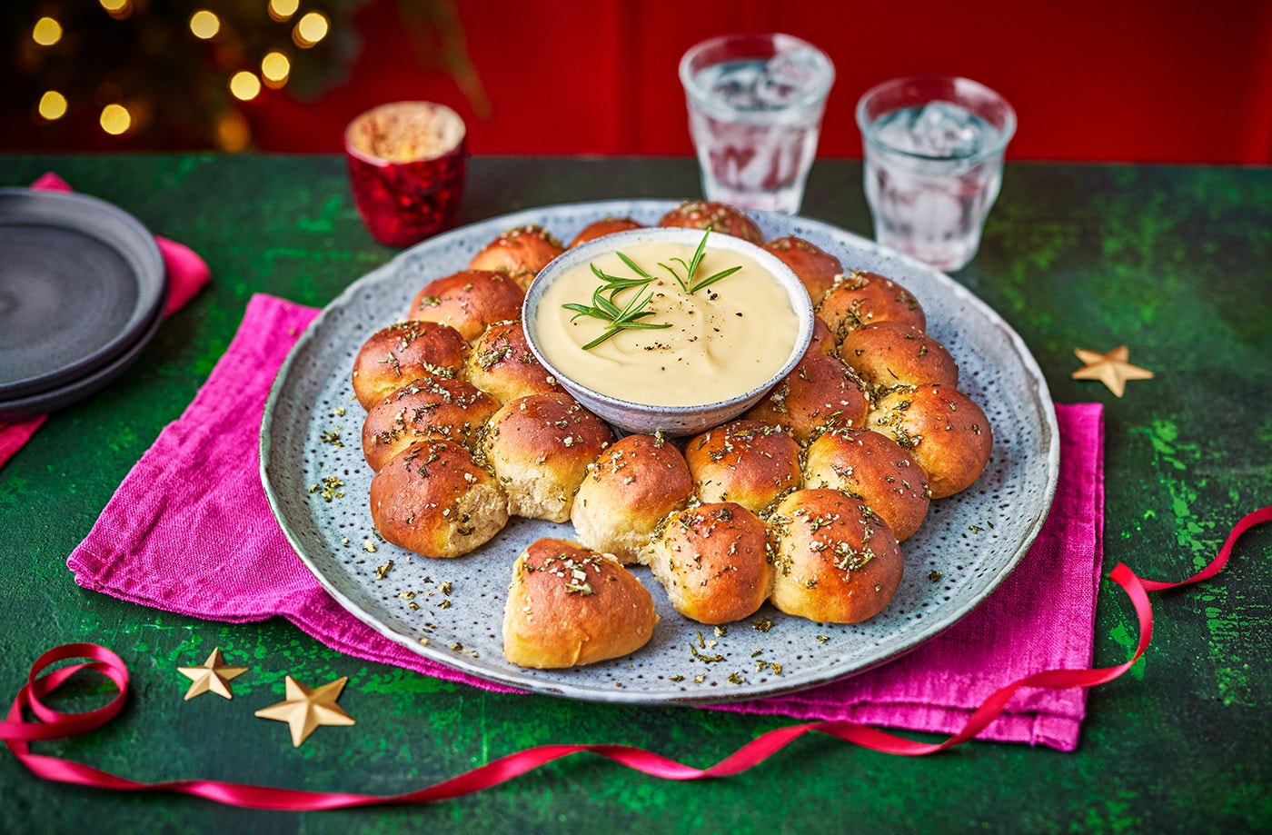 Cheese and beer dip with dough ball wreath