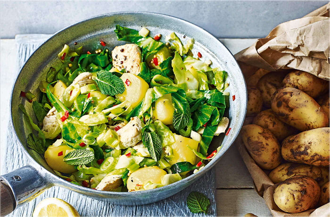 Spiced Jersey Royals and turkey stir-fry