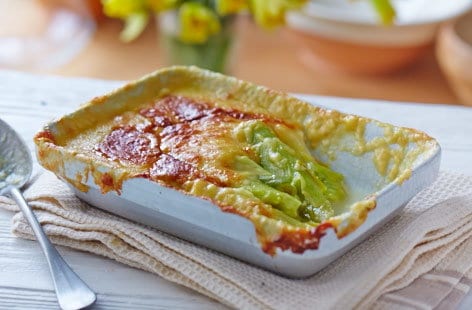 Image of "Welsh rarebit topped leeks"