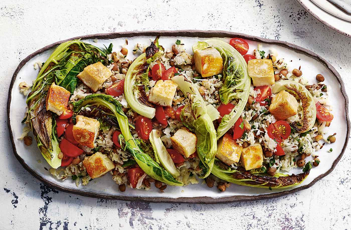 Cauliflower rice and halloumi lentil salad