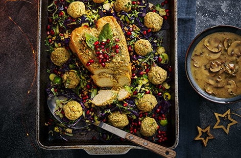 Image of "No-turkey roast crown with stuffing and mushroom gravy"