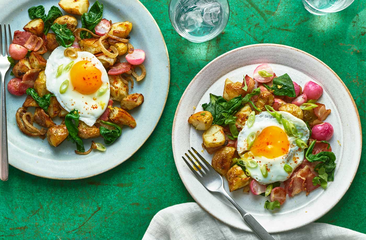 Potato hash with bacon and fried eggs