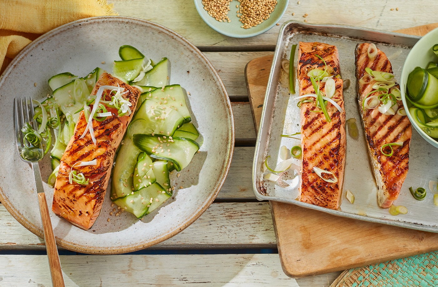 Wasabi and soy salmon with quick-pickled cucumber