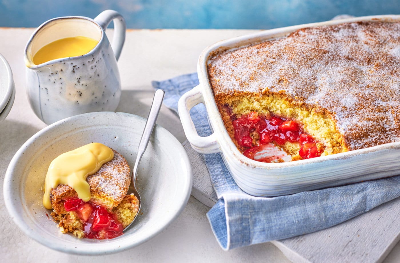 Jam doughnut-inspired self-saucing pudding
