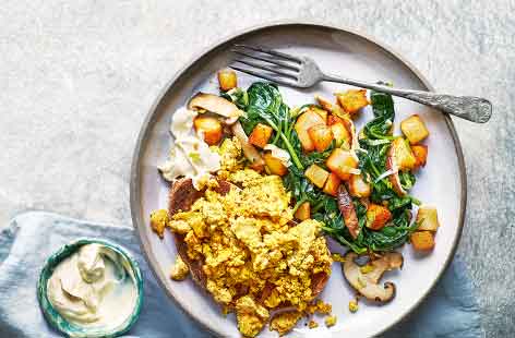Image of "Tofu scramble with potato, spinach and shiitake hash"