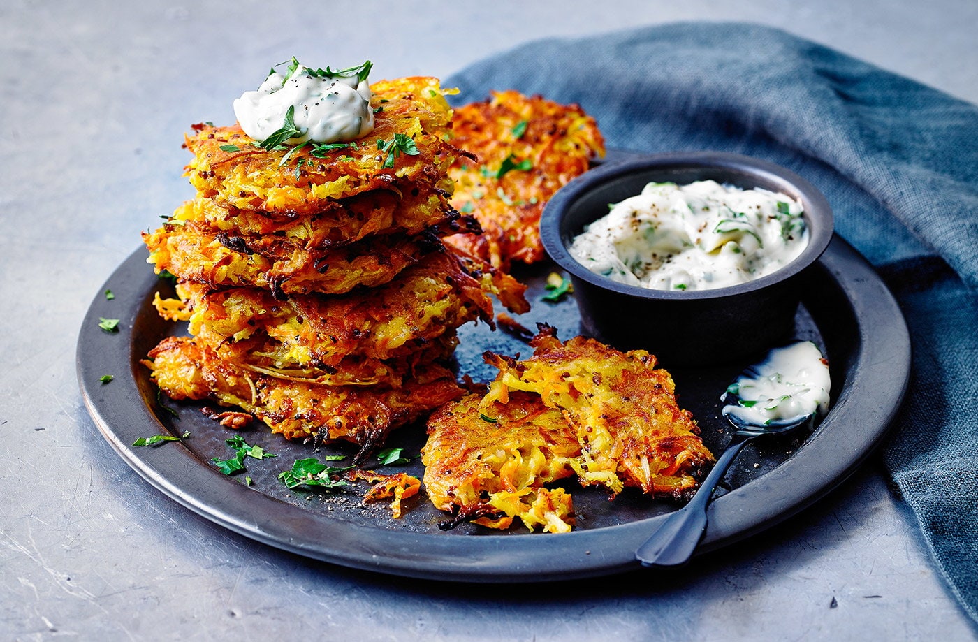 Carrot and parsnip fritters with garlic mayo