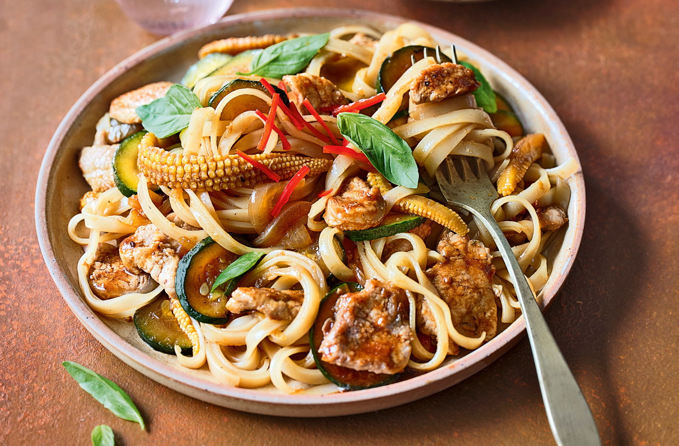 Thai-style drunken noodles with pork