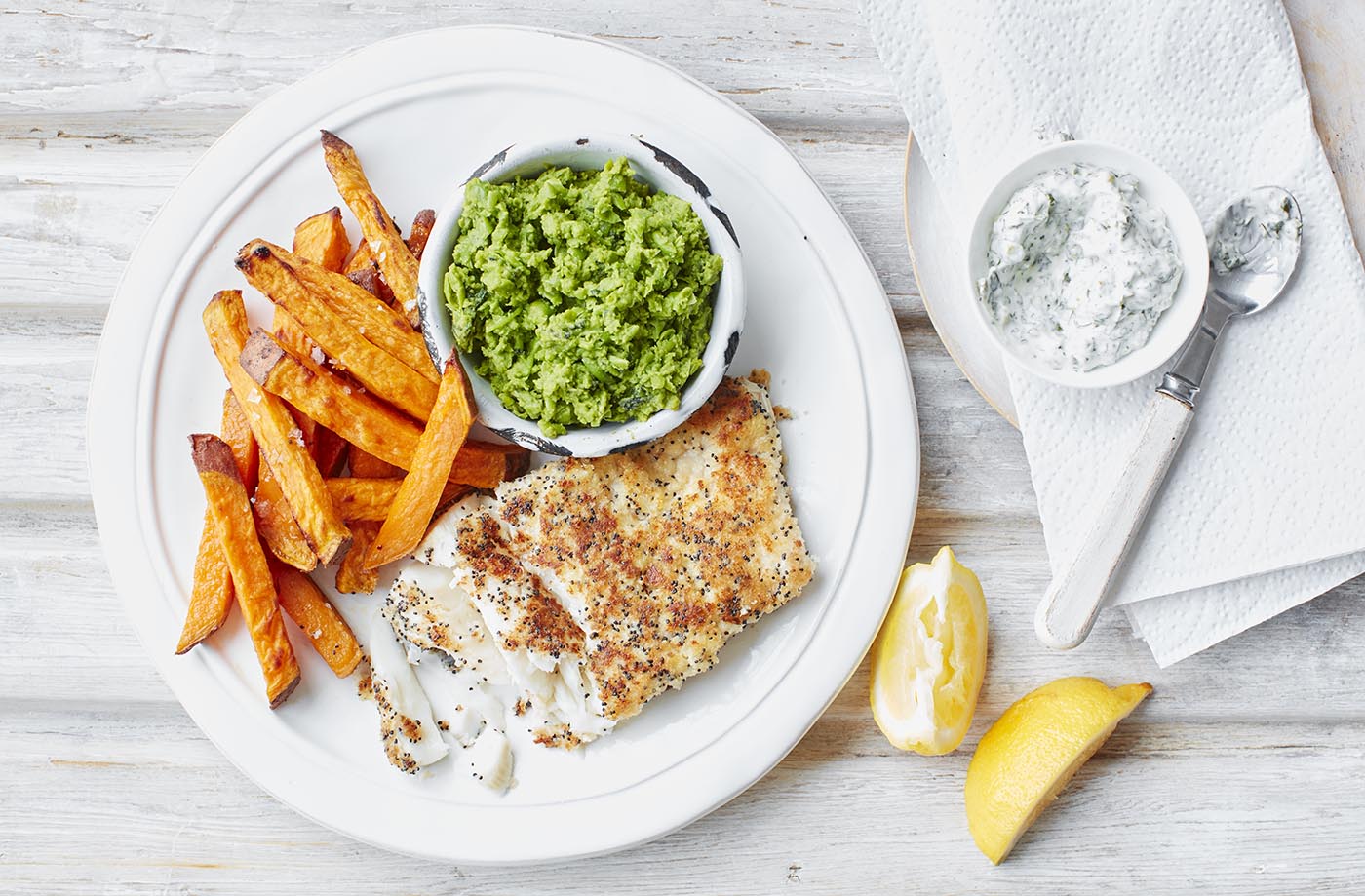 Poppy seed-crusted haddock with sweet potato fries