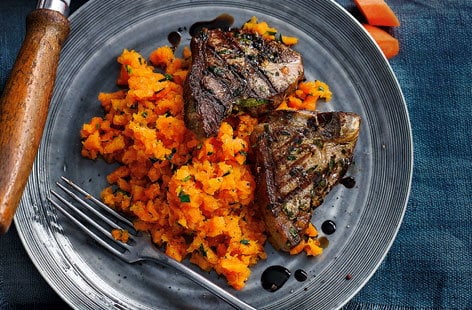 Image of "Carrot and tarragon mash with lamb chops"