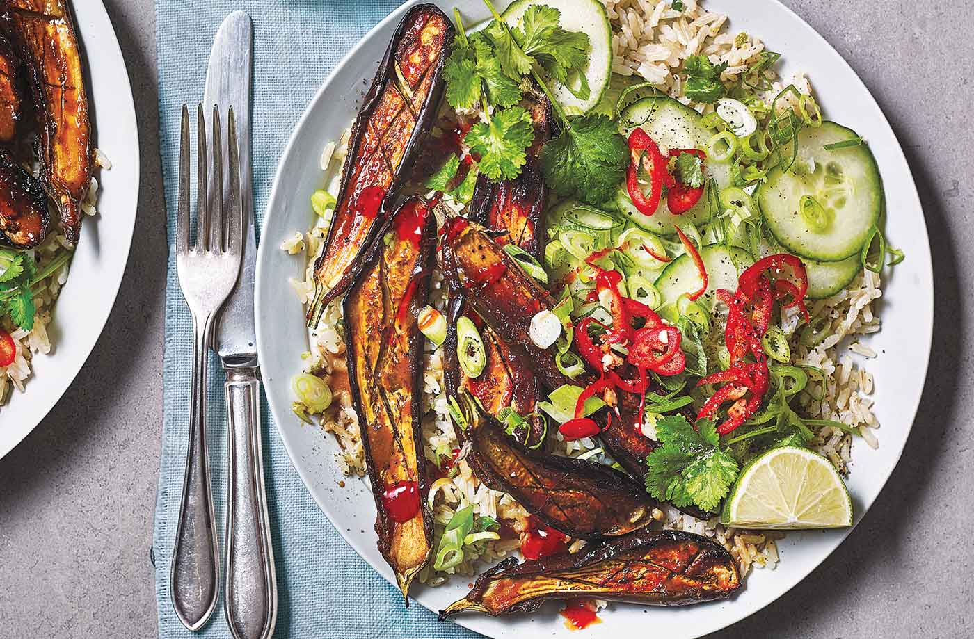 Miso aubergine and brown rice bowls