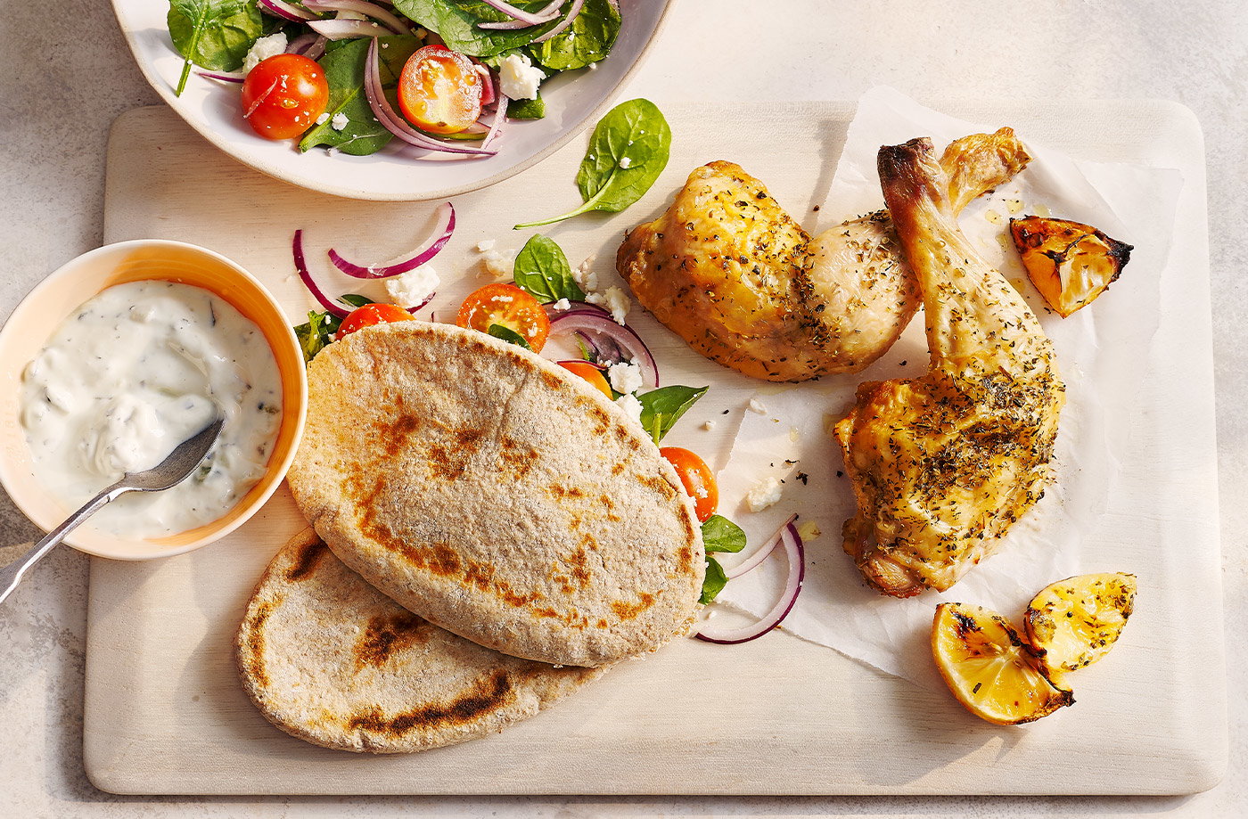 Greek chicken salad with pitta