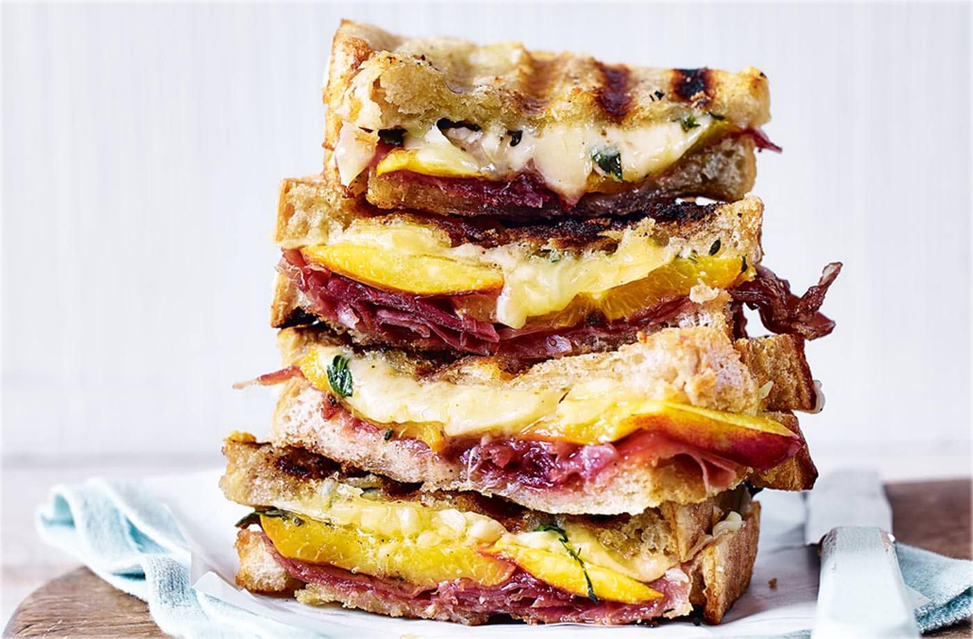 Prosciutto, nectarine and thyme grilled cheese sandwich