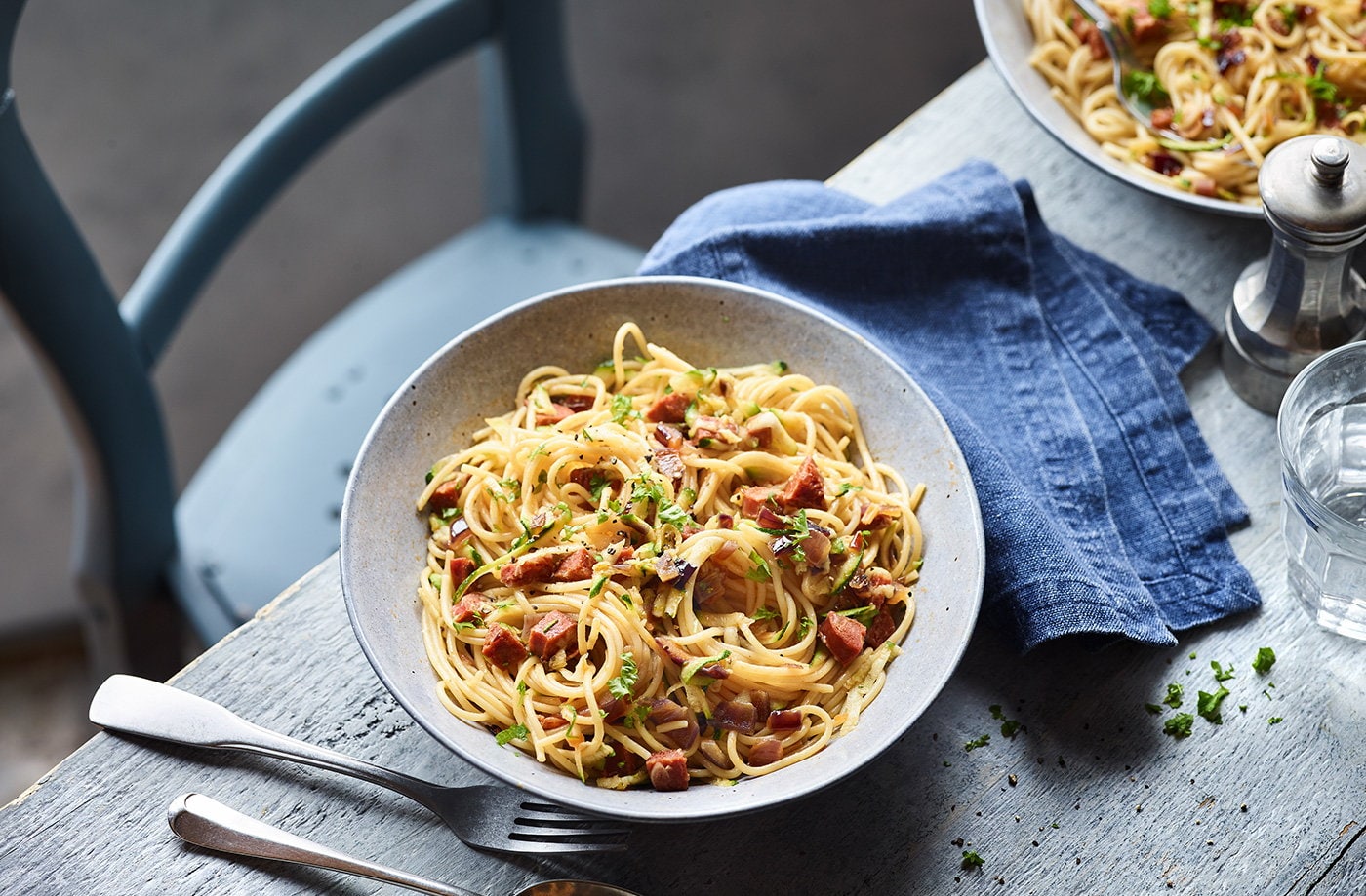 Chorizo and grated courgette spaghetti