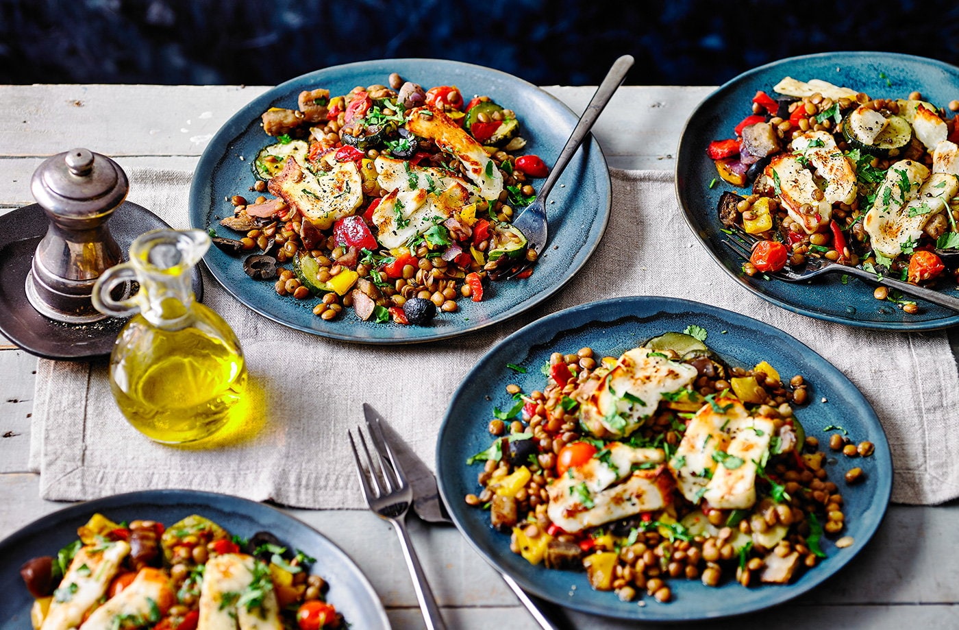 Halloumi and vegetable lentil traybake