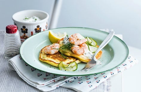 Image of "Buttermilk pancakes with prawns and dill"