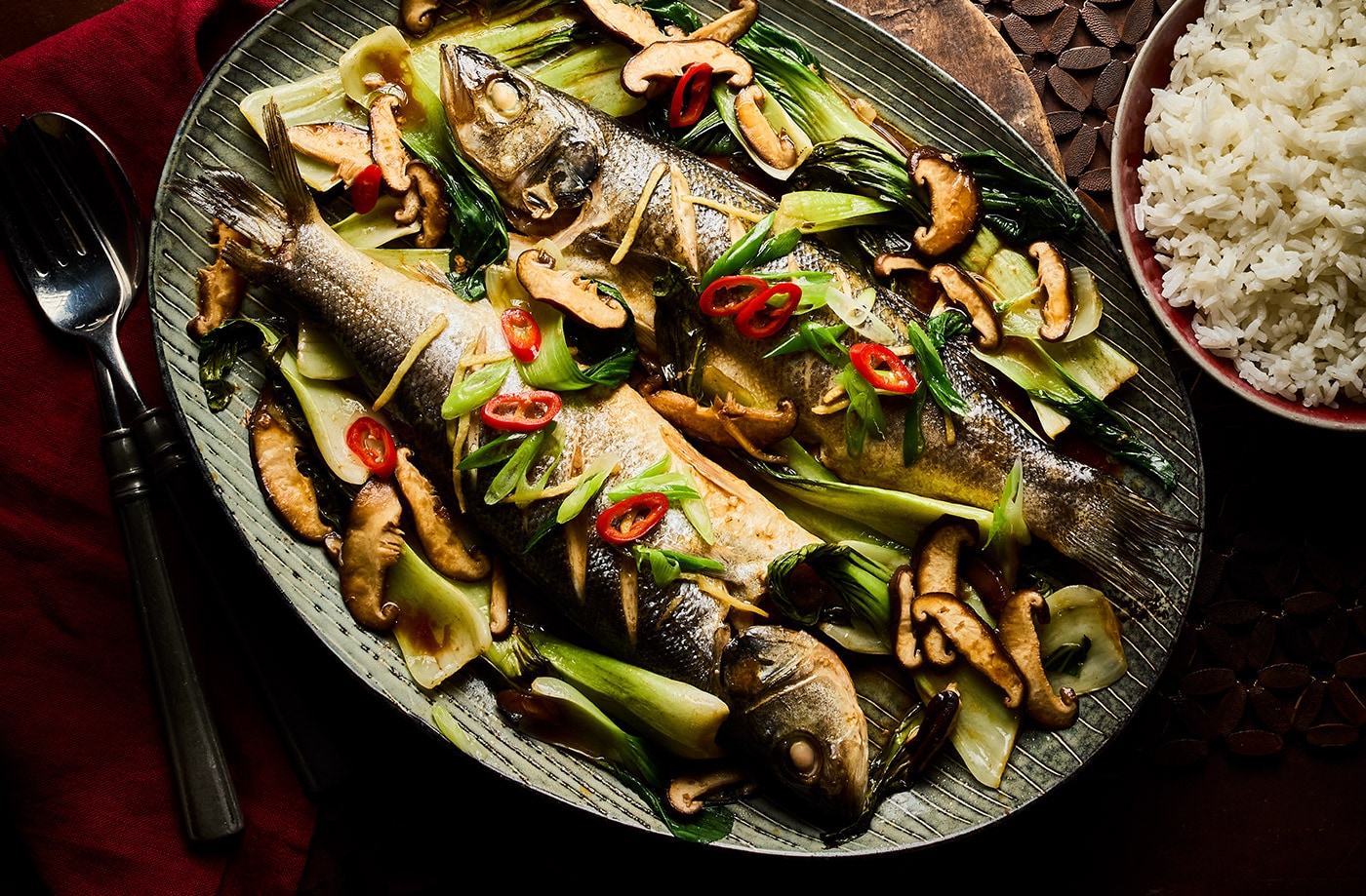 Sea bass with shiitake, ginger and pak choi