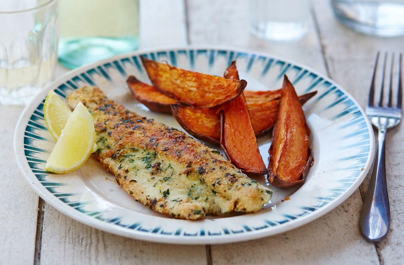 Gluten-free almond crusted fish and sweet potato wedges