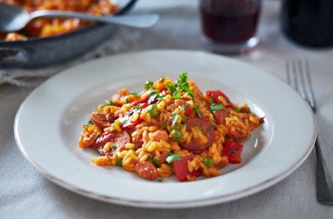 Smoky tomato and sausage Paella