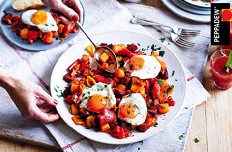 Image of "Sunshine eggs with chorizo and potato hash"