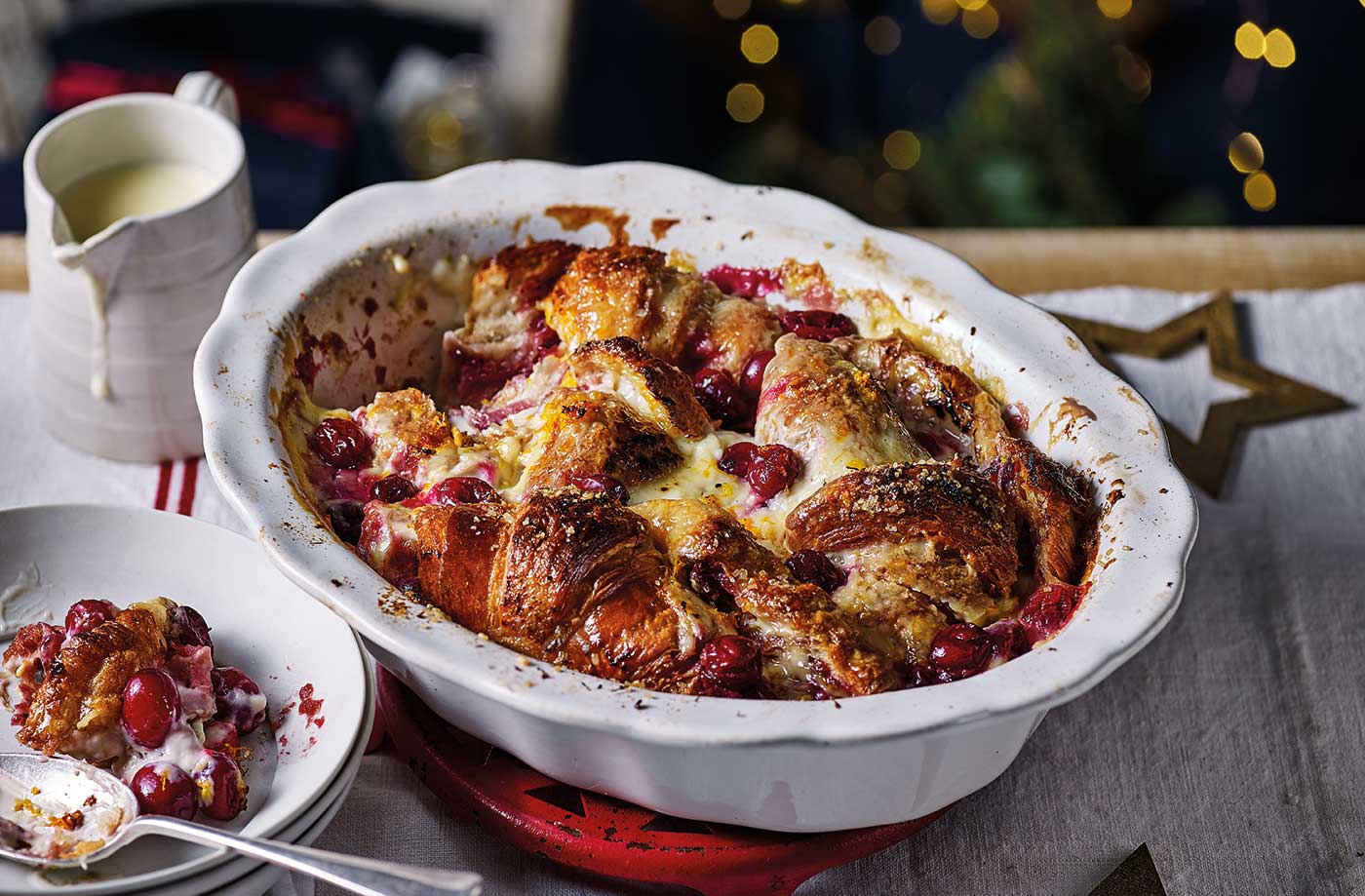 Cranberry croissant bread and butter pudding