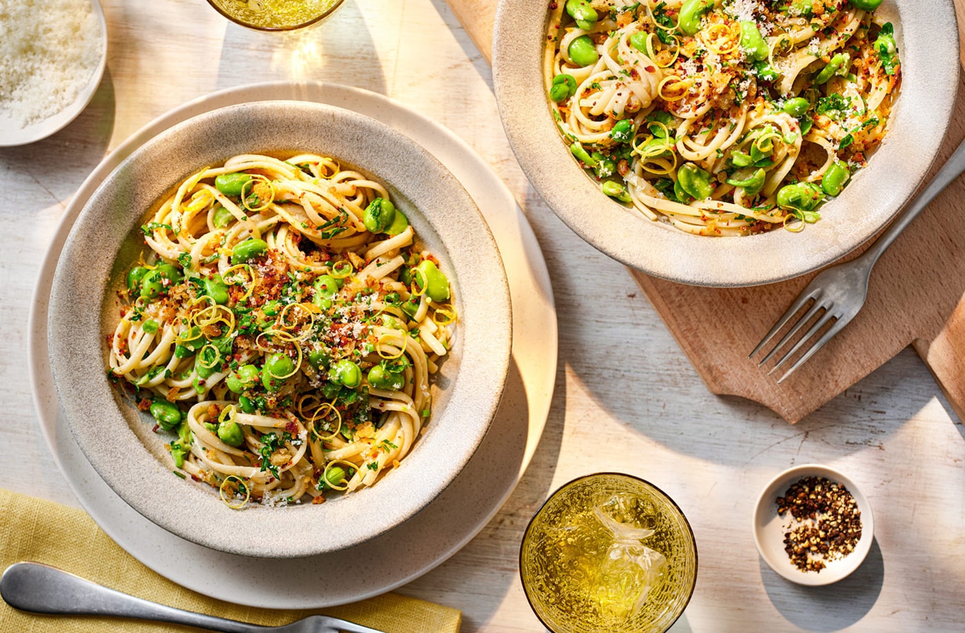 Broad bean and anchovy linguine with a herby pangrattato