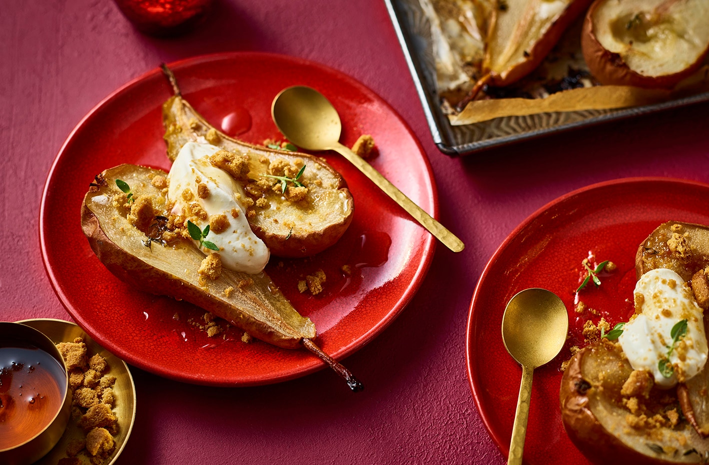 Maple roasted pears with thyme, coconut cream and gingernut crumble