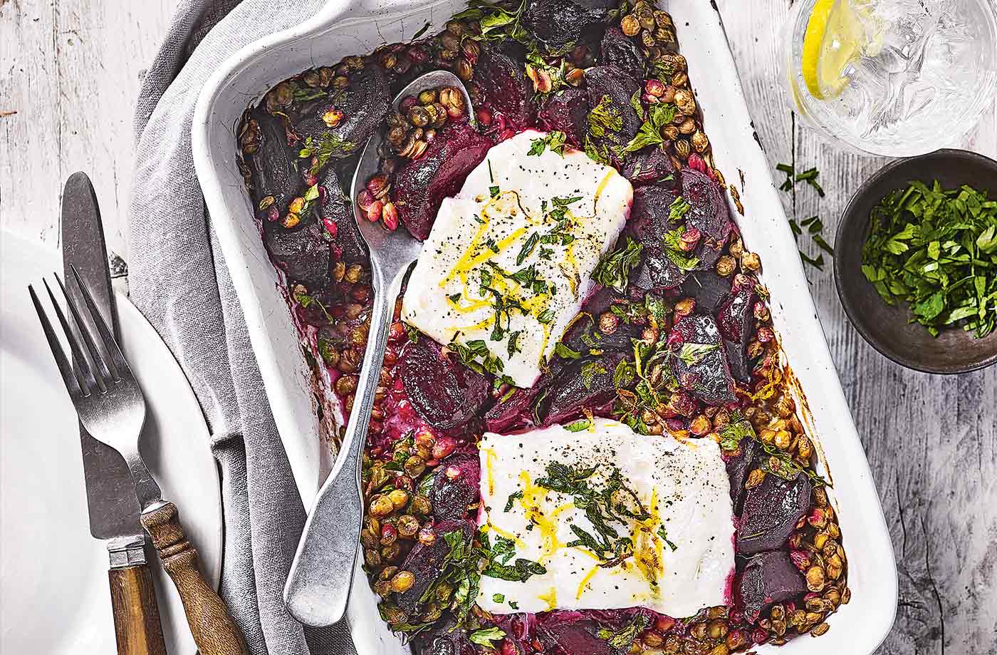 Cod, lentil and beetroot traybake