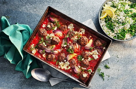 Image of "Tomato meatball traybake with lemony spinach rice"