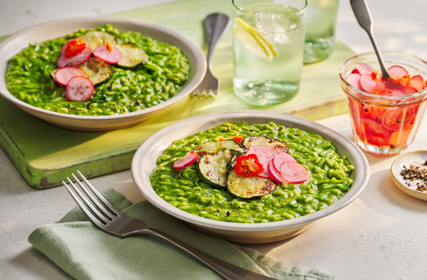 Green veg and coconut risotto with a pickled chilli radish