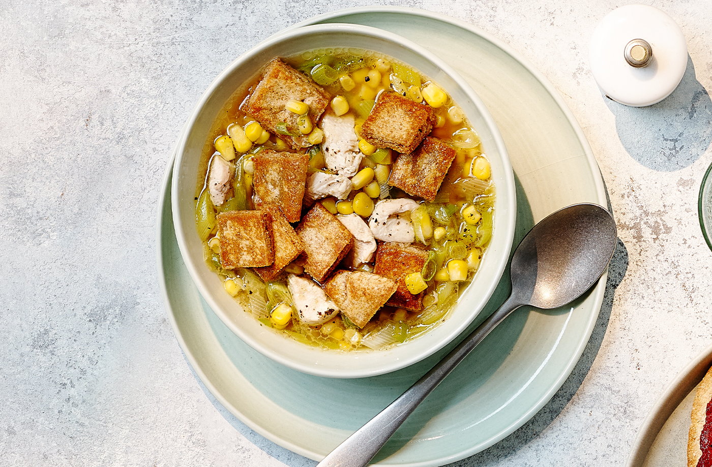 Chicken and sweetcorn soup with pitta croutons