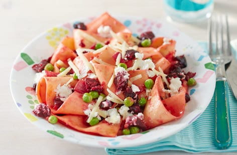 Image of "Roast beetroot pappardelle with peas and ricotta"