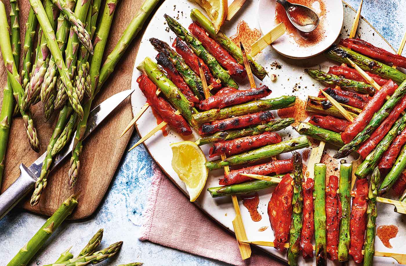 Asparagus and chorizo skewers