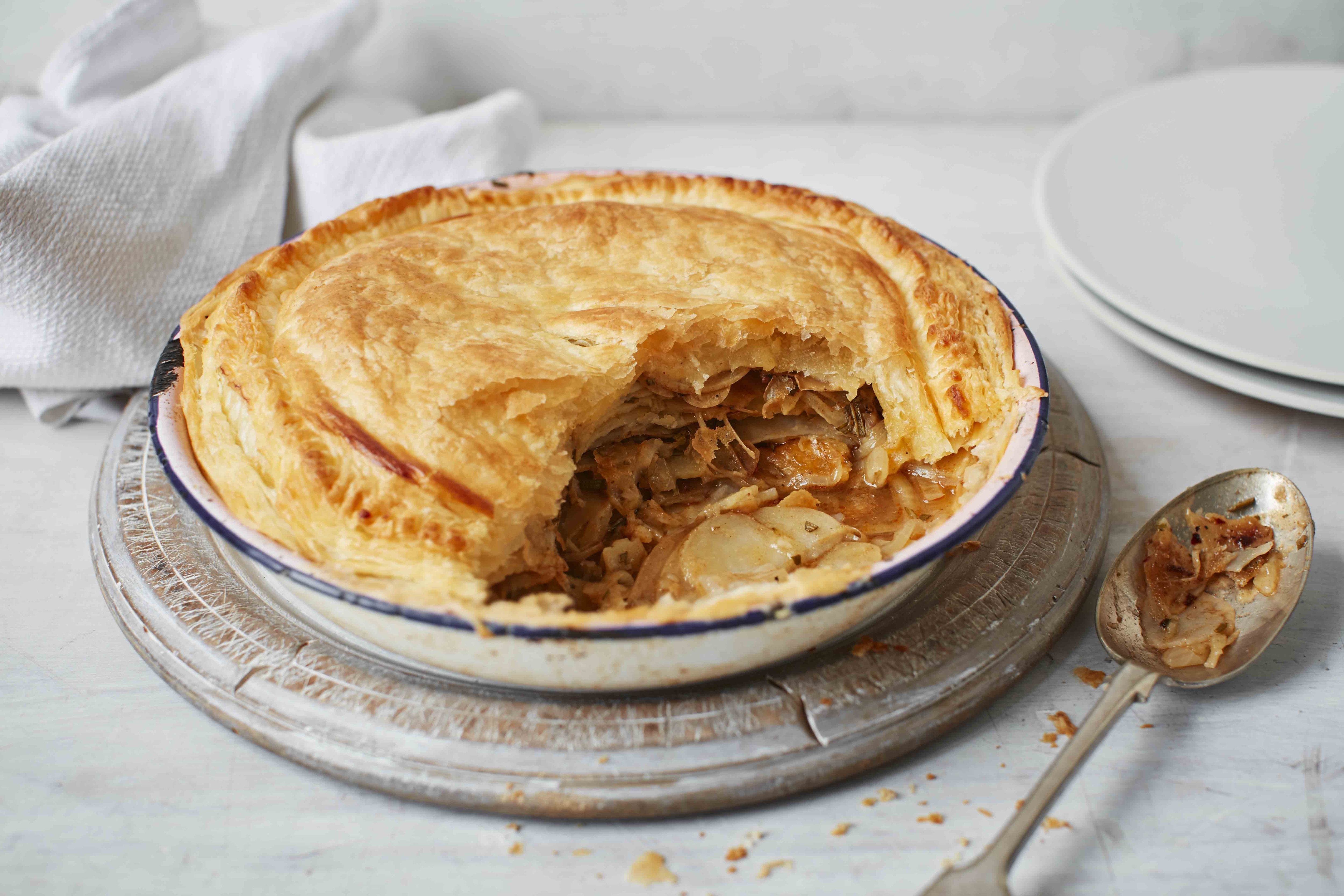 Vegan potato, rosemary and onion pie