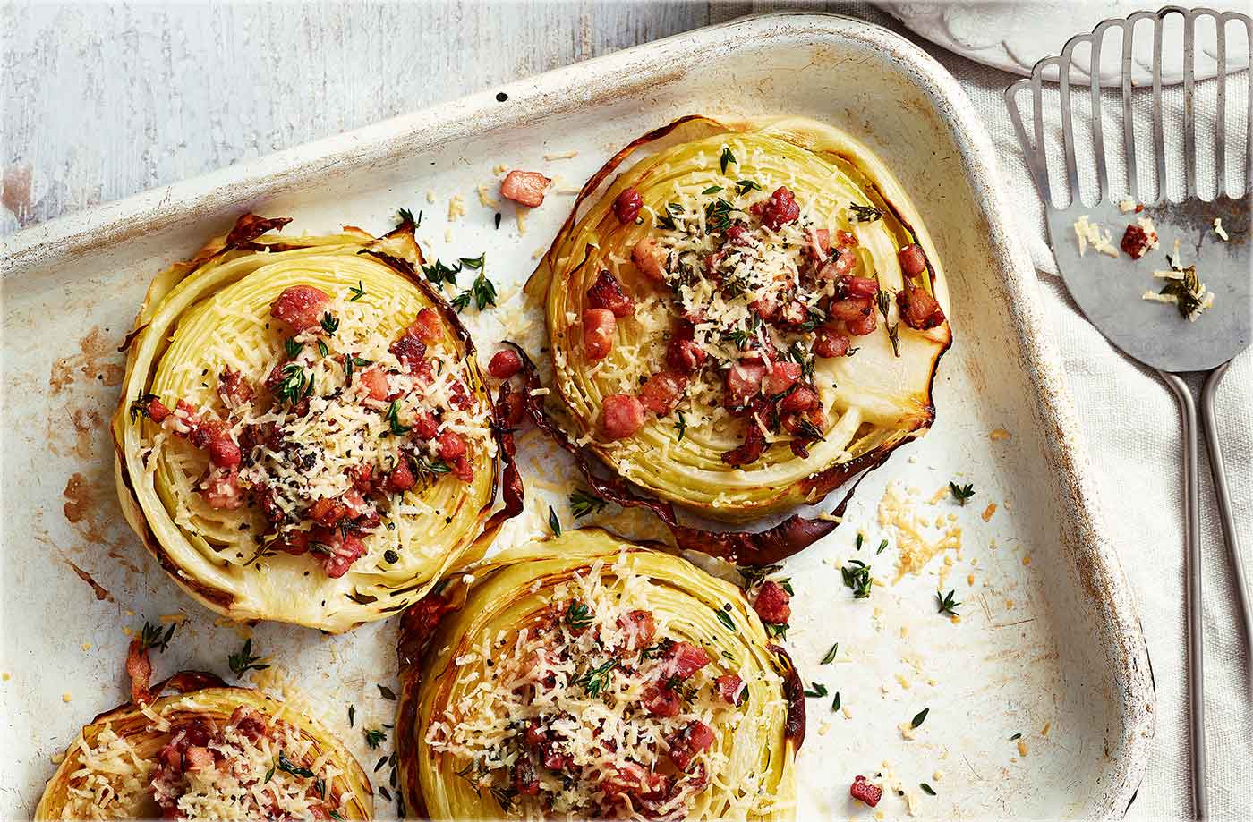 Cabbage steaks with crispy pancetta and Parmesan