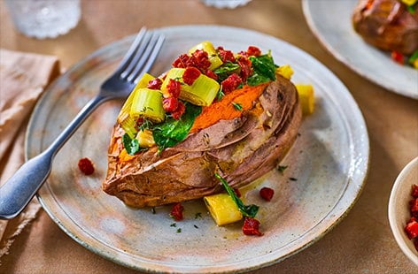 Image of "Creamy leeks and chorizo sweet potatoes"