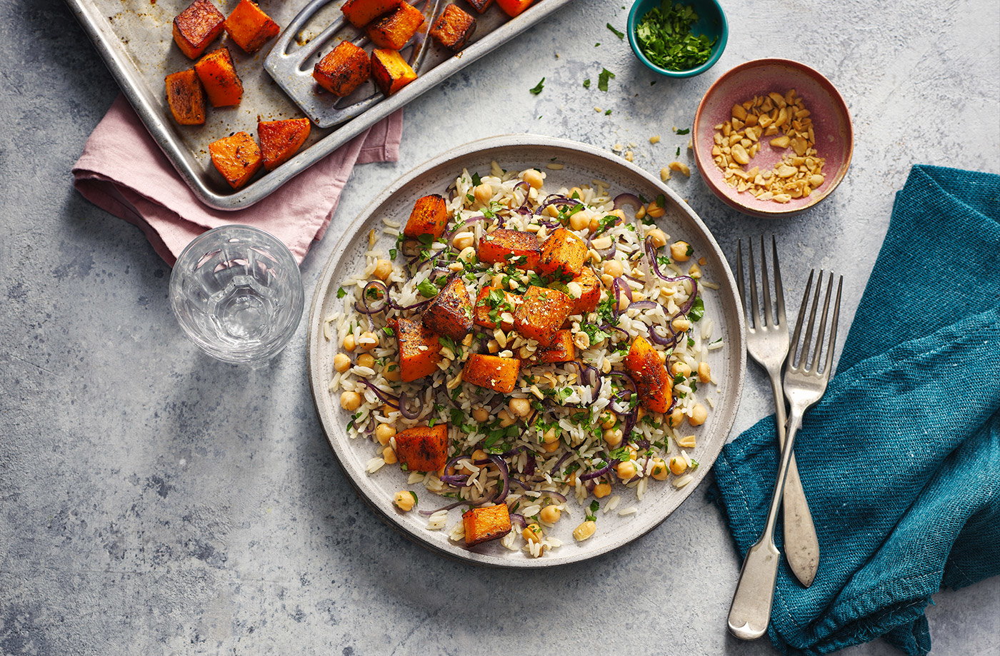 Roasted squash and chickpea pilaf