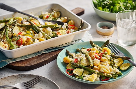 Roasted spring vegetable feta gnocchi traybake