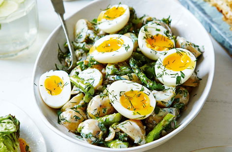 Image of "New potato salad with griddled asparagus and soft boiled eggs"
