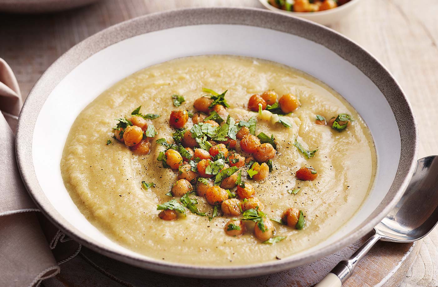 Parsnip and ginger soup with spiced roast chickpeas