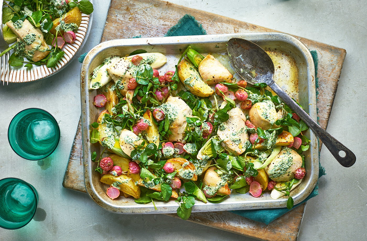 Lemon chicken and watercress traybake