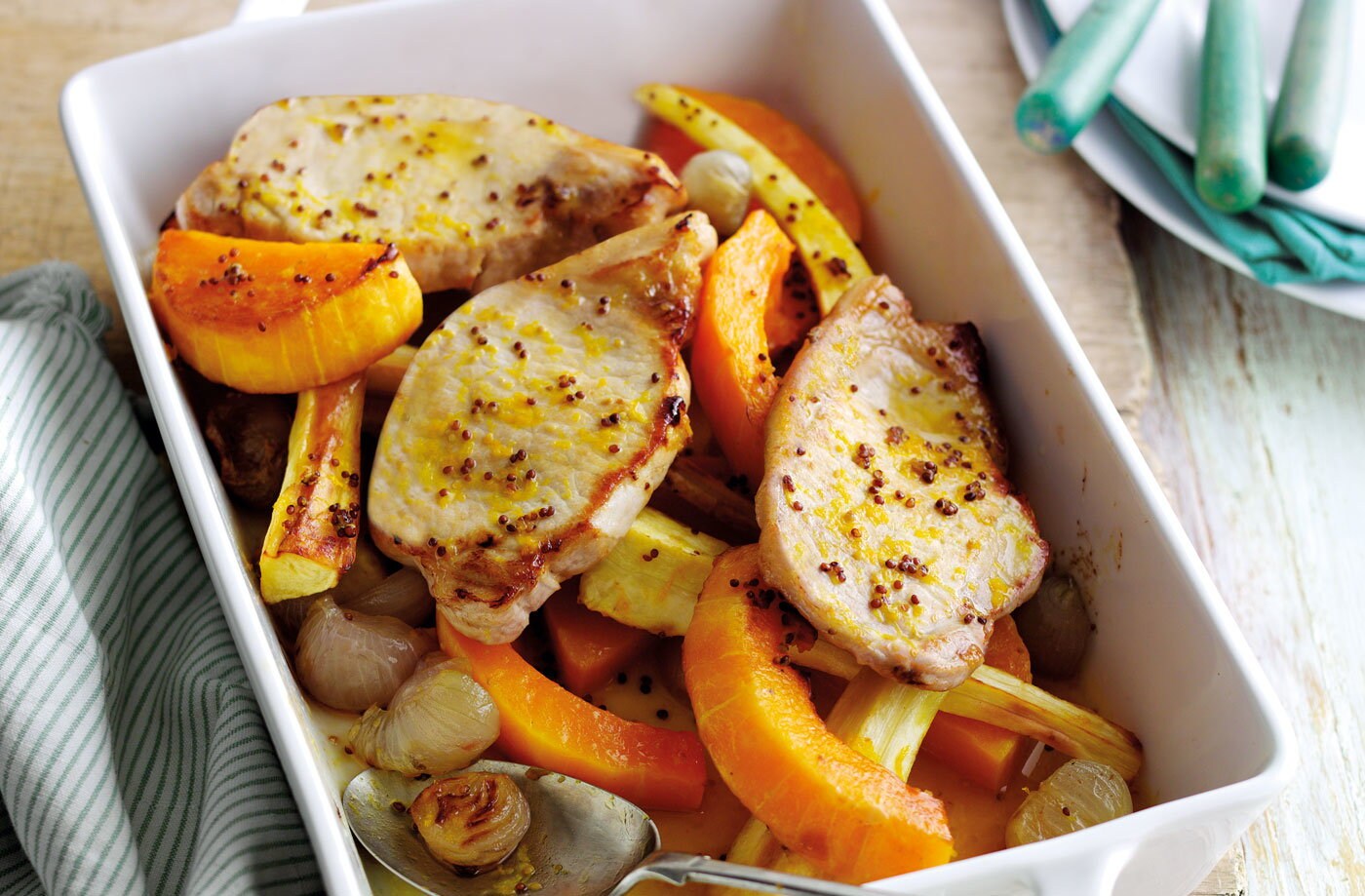 Orange and mustard pork with squash, parsnips and shallots
