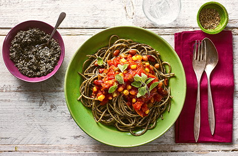 Image of "Wicked Kitchen olive and tomato spaghetti"