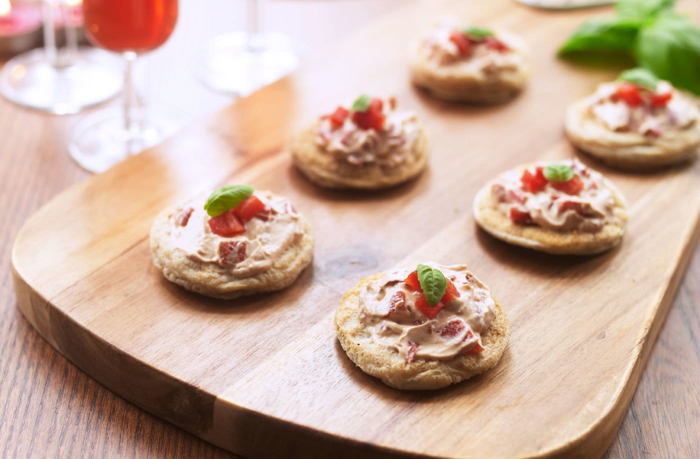Dairy-free blinis with cheesy red pepper spread