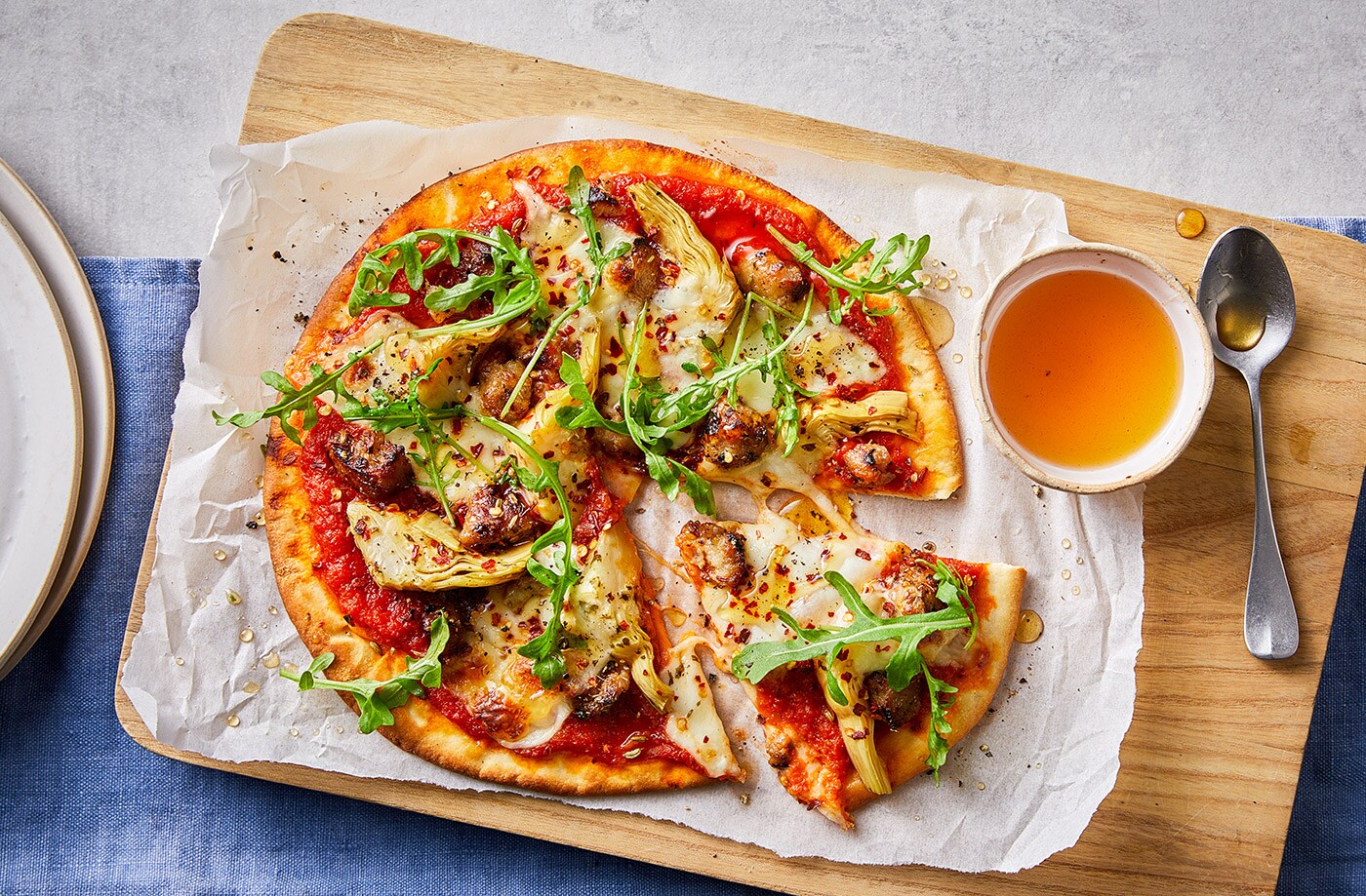 Spicy sausage pizza with hot honey