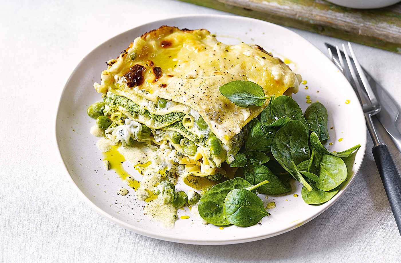 Four-cheese and spring vegetable lasagne