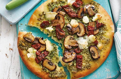Image of "Pizza Bianca with garlic mushrooms, pesto and goat's cheese"