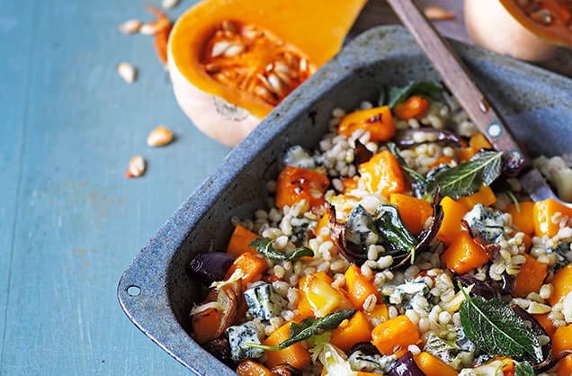 Roast butternut squash with pearl barley, gorgonzola and sage