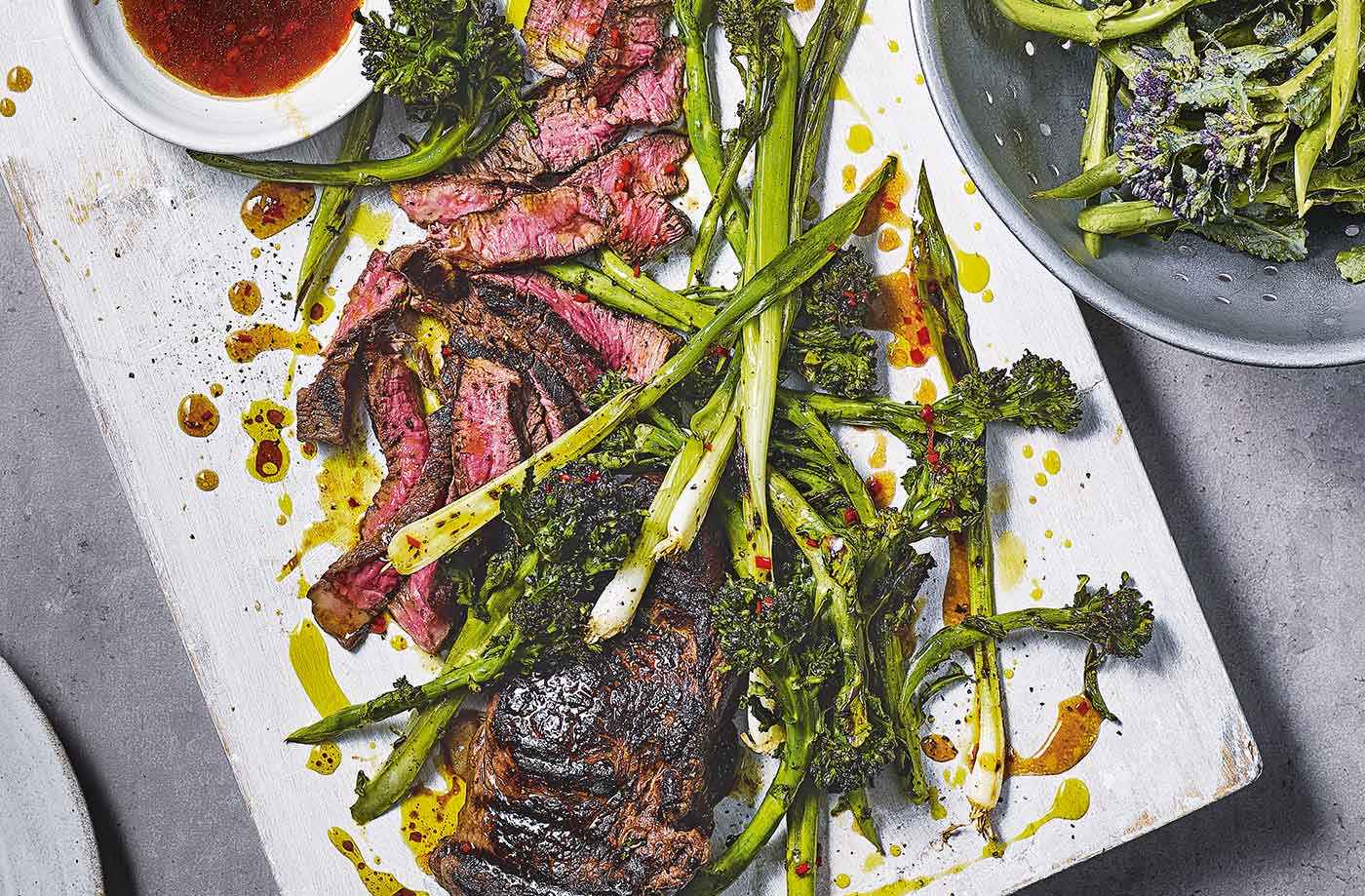 Griddled steak and purple sprouting broccoli with sticky mango sauce