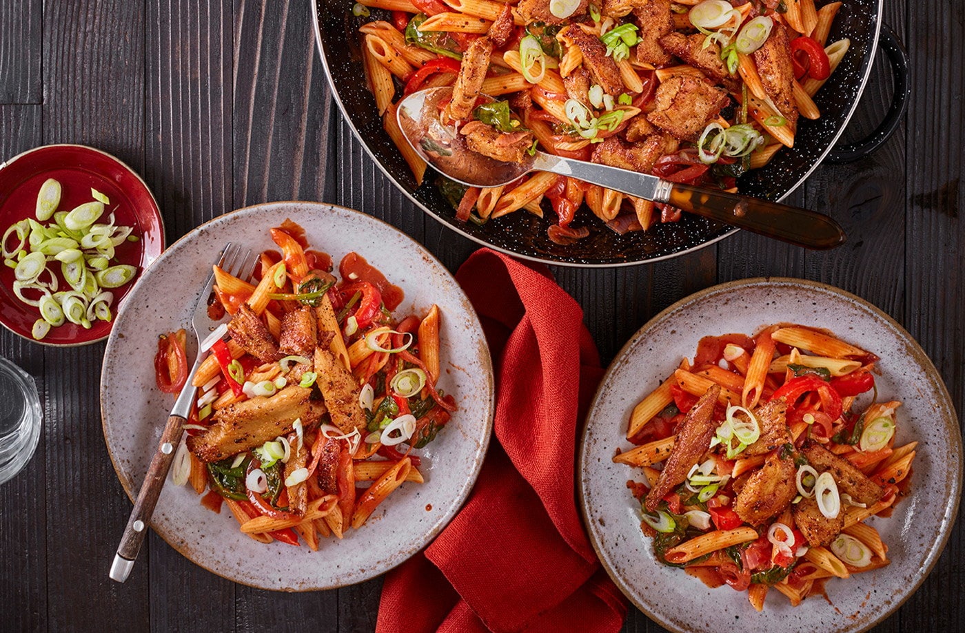 Cajun-spiced vegan 'chicken' pasta