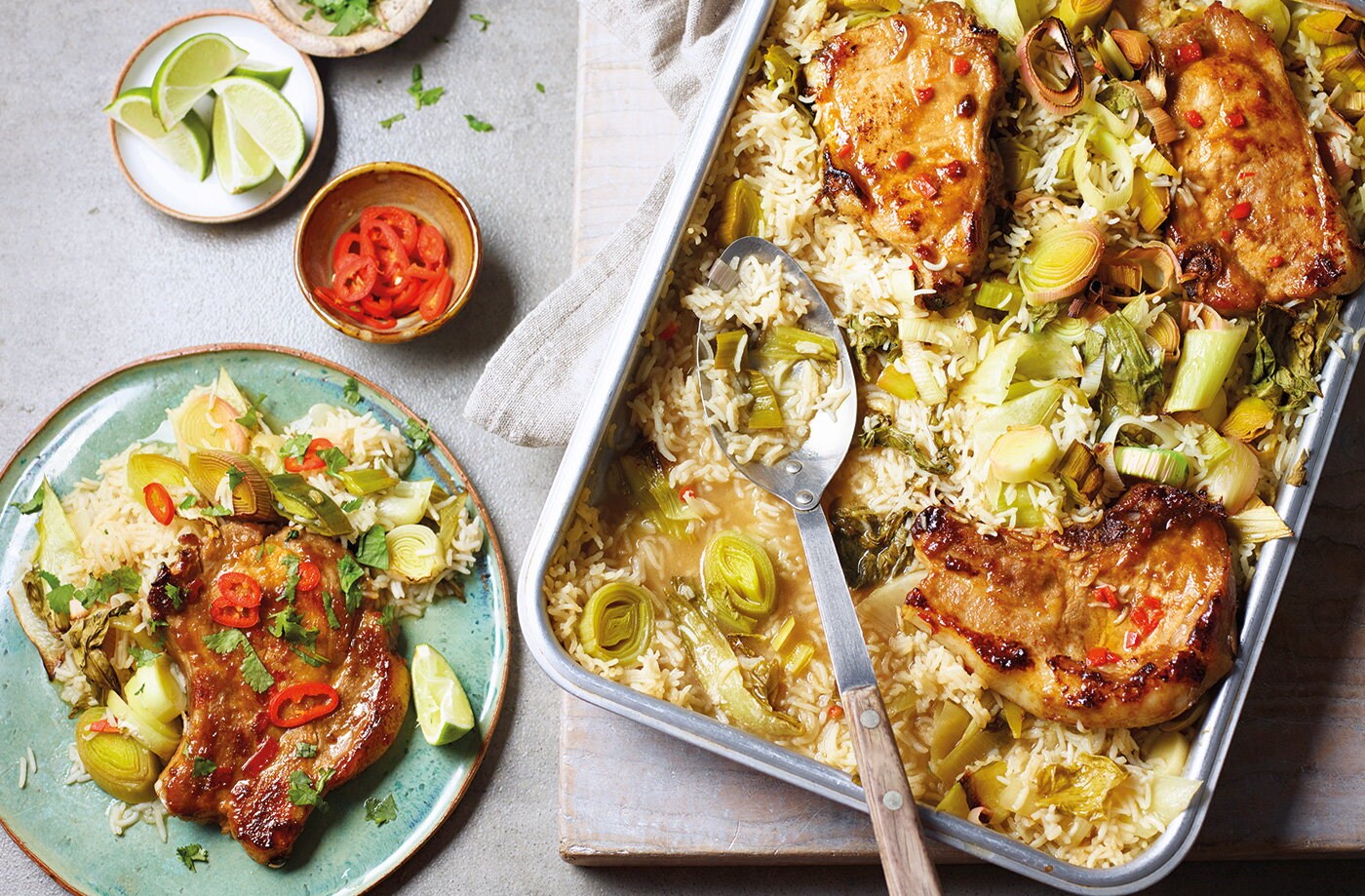 Spicy pork chop traybake